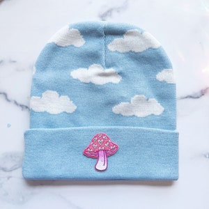 Cloud Beanie with Embroidered Patch - Your Choice of Patch!  Pastel Sky Blue with White Clouds - Cute Hat!