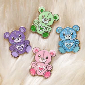 Teddy Bear Pin - Pastel Pink, Blue, Lilac, Green - Cute Enamel Pin w. Glitter - Nostalgia - Y2K Heart - - Hat Pin - Wildflower + Co. Gifts