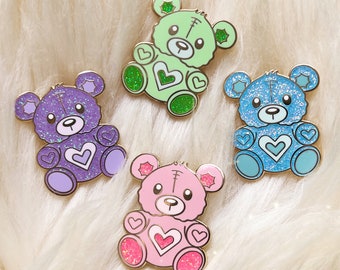 Teddy Bear Pin - Pastel Pink, Blue, Lilac, Green - Cute Enamel Pin w. Glitter - Nostalgia - Powerpuff Y2K Heart - Wildflower + Co. Gift