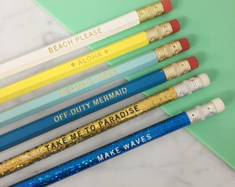 Mermaid Pencil Set: Beachy Quote Pencils, Set of 6