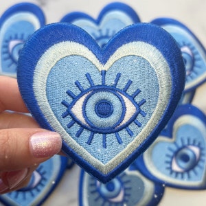 Evil Eye Heart Patch - Y2K Aesthetic Heart Embroidered Iron On Patches for Jackets -  Blue Evil Eye Patch - Wildflower + Co. DIY