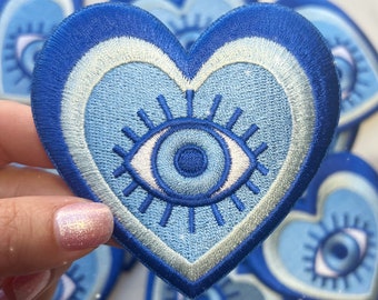 Evil Eye Heart Patch - Y2K Aesthetic Heart Embroidered Iron On Patches for Jackets -  Blue Evil Eye Patch - Wildflower + Co. DIY