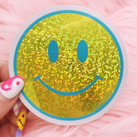 Smiley Face Sticker - Yellow Aesthetic Stickers - Glitter Holographic Vinyl  Sticker - Positivity Happy - Laptop Water Bottles + Wildflower
