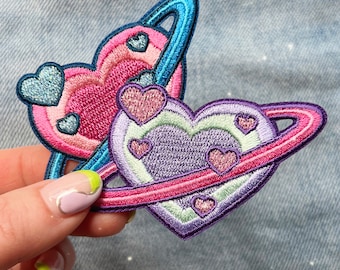Heart Planet Patch - Cute Space Embroidered Iron On Patch - Pastel Pink, Lilac, Blue, Aqua - Valetines Gift - Wildflower + Co. Patches