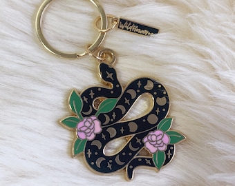 Snake Enamel Keychain Key Ring - Magical w. Moon Phases & Flowers - Black Gold Hard Enamel Serpent - Wildflower + Co. Valentines Day Gift