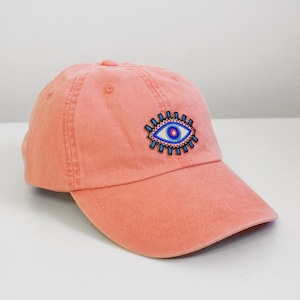 Evil Eye Embroidered Baseball Hat - Your Choice of Cap Color with Patch - White Pastel Pink Charcoal Cactus Green Aqua