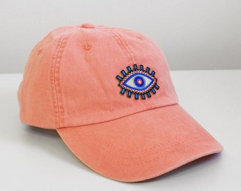 Evil Eye Embroidered Baseball Hat - Your Choice of Cap Color with Patch - White Pastel Pink Charcoal Cactus Green Aqua