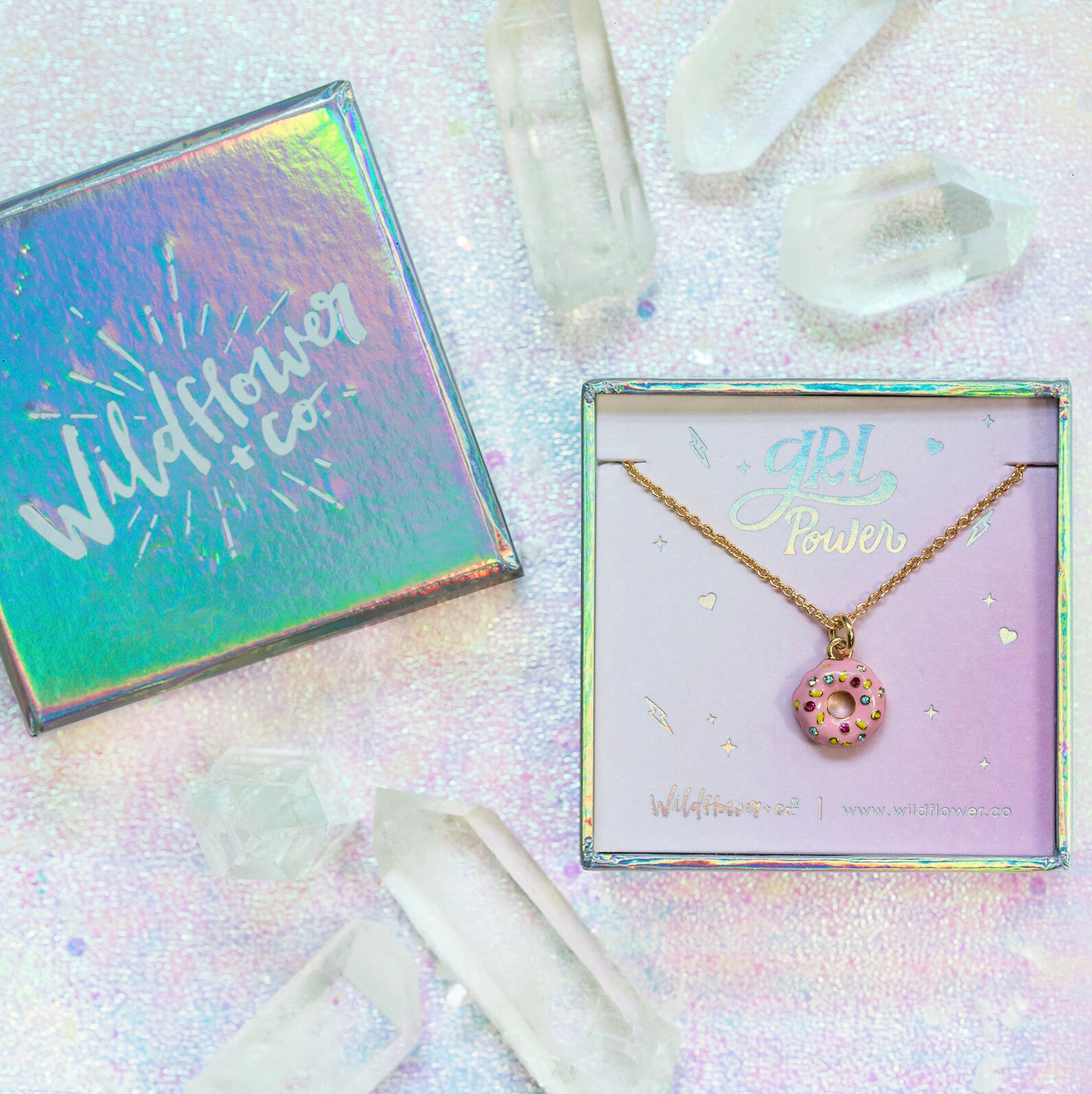 Donut Necklace | Pink Enamel Frosting, Rainbow Pave