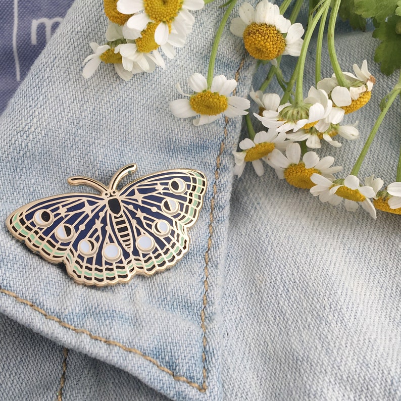 Night Butterfly Enamel Pin - Lunar Moth - Luna - Moon Phases, Stars, Night Sky - Midnight Blue & Gold Hard Enamel Pin - Wildflower + Co. 