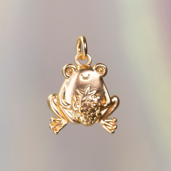 Frog Charm - Cute Frog Jewelry - Pendant, Matte Gold - Cottagecore Aesthetic - Strawberry Charm - Wildflower + Co.