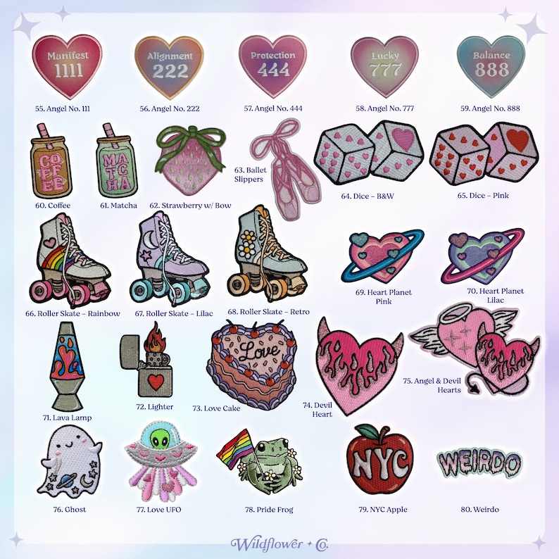 May include: A collection of embroidered patches with various designs, including angel numbers, roller skates, dice, hearts, and a lava lamp. Other patches feature a ghost, UFO, frog, and the word "WEIRDO". The color palette includes pink, purple, and rainbow hues.