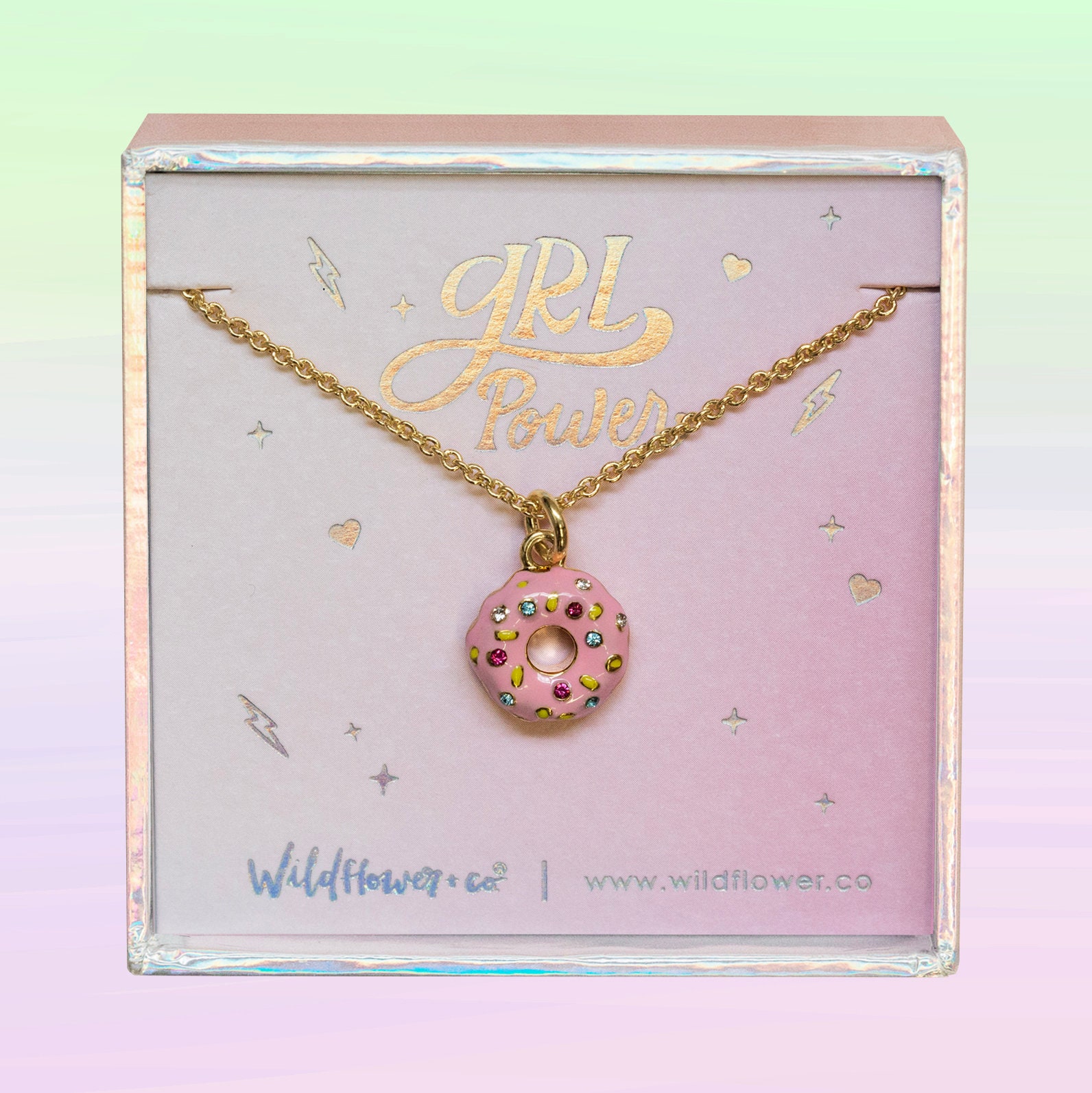 Donut Necklace | Pink Enamel Frosting, Rainbow Pave
