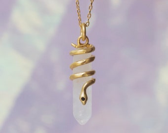 Crystal Snake Necklace | Rainbow Fluorite or Black Quartz | Gold | Mystical Serpent | Jewelry Gift | Wildflower + Co.