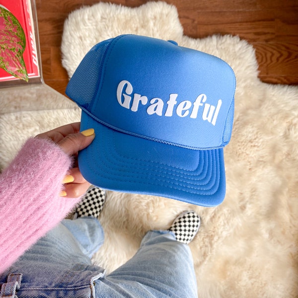 Grateful Trucker Hat - Your Choice of Hat Color!  Inspirational Quotes - Wildflower + Co. Cap - Bachelorette Christmas Gift Birthday Gift