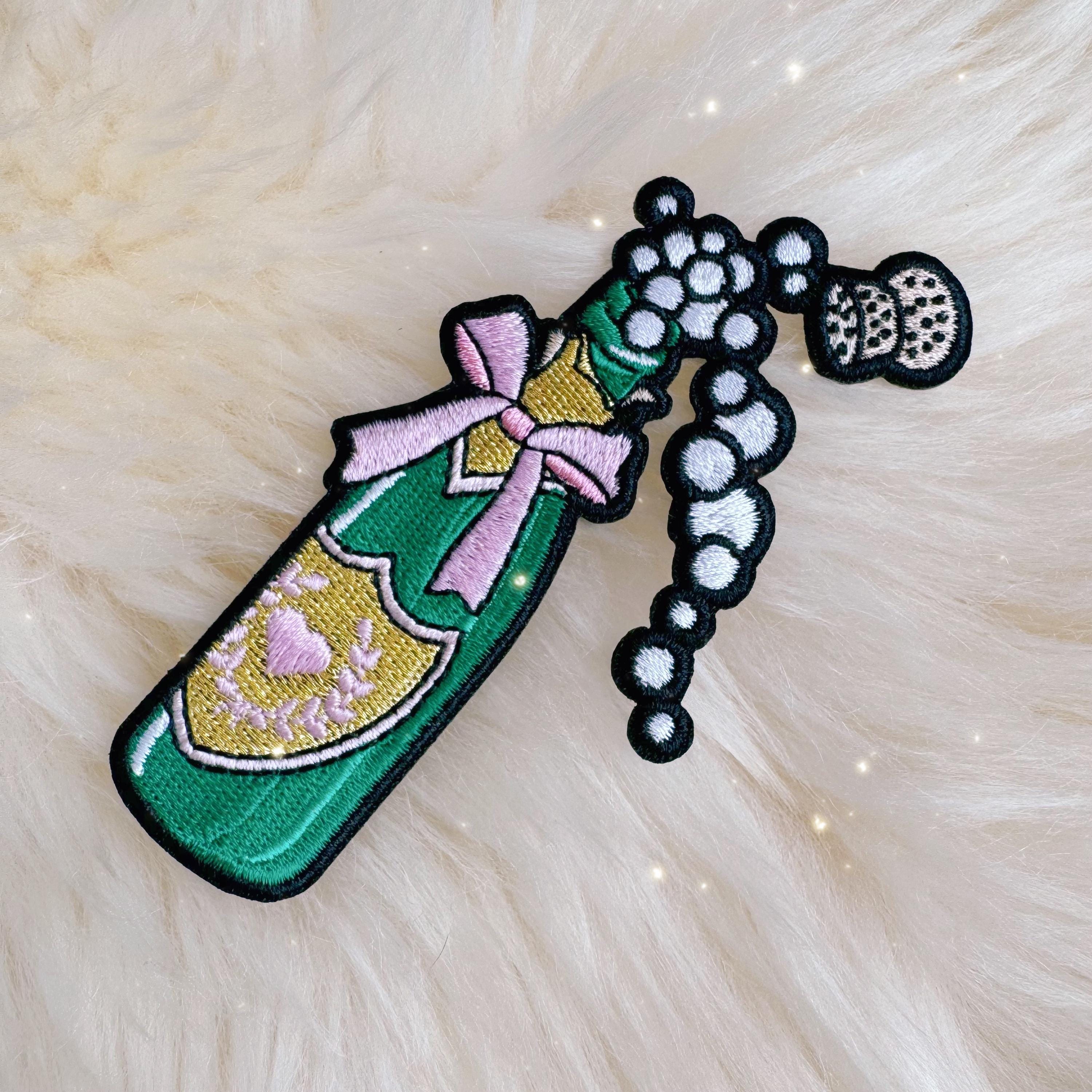 Champagne w. Bow Patch - Embroidered Iron On Patch - Green Champagne Bottle w. Pink Bow - Coquette Aesthetic - Wildflower + Co. DIY Patches