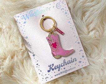 Burning Love Cowgirl Boot Keychain - Pink Lilac White - Cowgirl Boot Keychain - Cowboy Boot - Enamel Keychain - Cute Gifts - Flame Heart