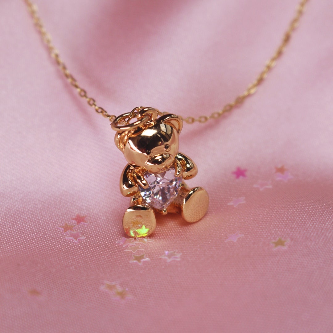 Teddy Bear Necklace Cute Jewelry Charm Necklace Nostalgic Angelcore  Aesthetic Dainty Crystal & Gold Valentine\'s Day Gift - Etsy