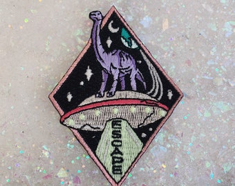 Brontosaurus Dinosaur Space Patch - UFO Escape - Glow in the Dark - Iron On Embroidered Patches - Wildflower + Co. DIY