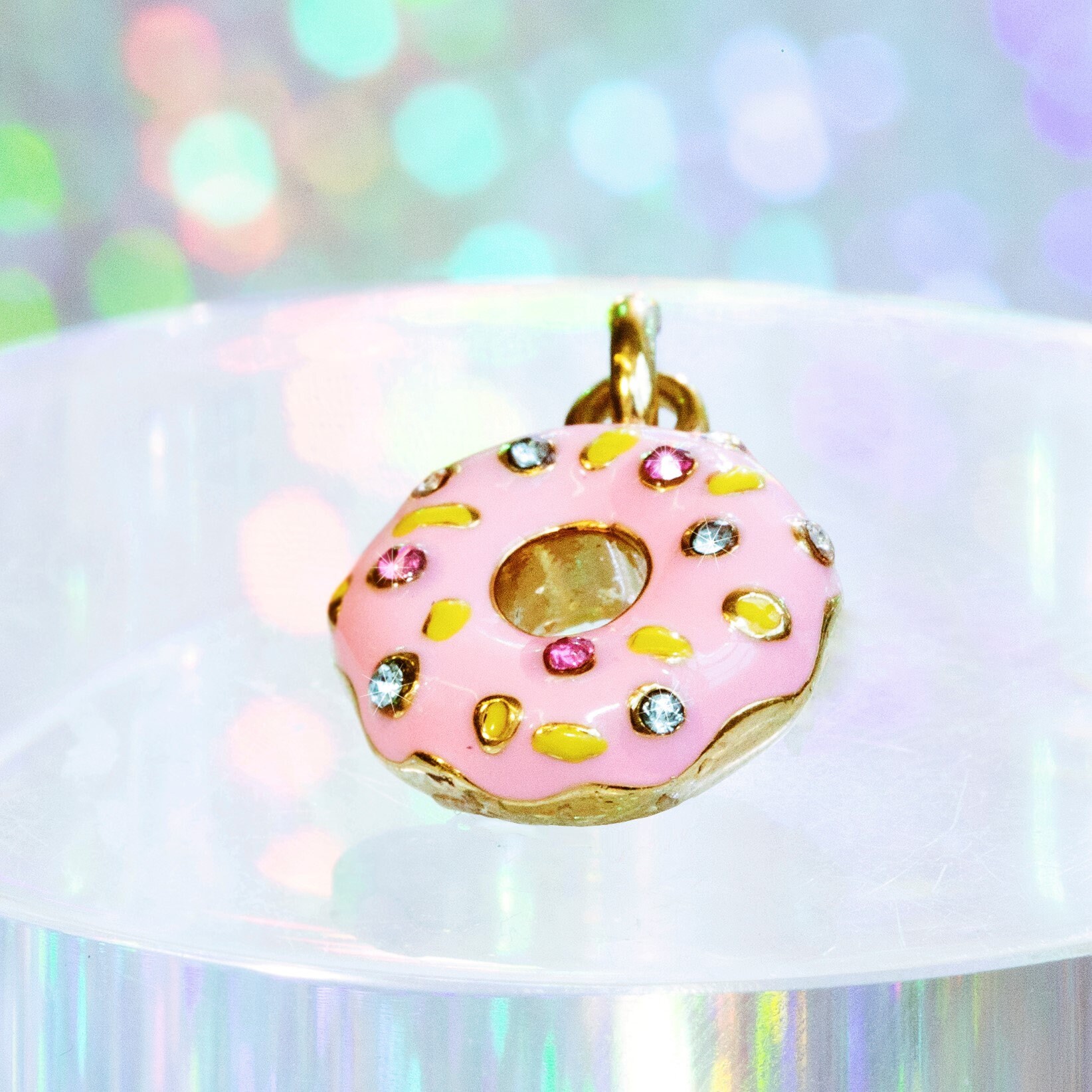 Donut Necklace | Pink Enamel Frosting, Rainbow Pave Sprinkles 