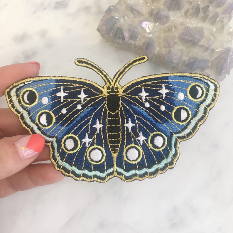 Night Butterfly Patch - Iron On Embroidered Patches - Moon Phases, Stars & Night Sky - Midnight Blue 