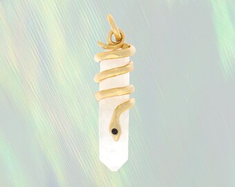 Crystal Snake Charm - Pendant, Clear Quartz & Gold - Serpent - Wildflower + Co. - Valentines Day Gift