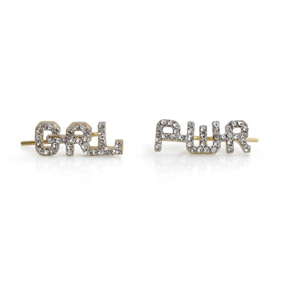 GRL PWR Crystal Climber Earrings: Feminist Gold Jewelry