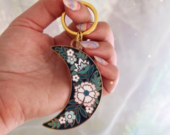 Botanical Moon Keychain - Cottagecore Enamel Keychain - Crescent Moon - Floral Keychains - Flower Enamel Keychain - Wildflower + Co.