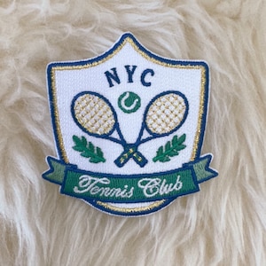 Tennis Patch - Embroidered Iron on Patches - Trendy - Sporty Badge - Preppy - Navy Blue, Green & Metallic Gold - NYC - Gift - Wildflower Co