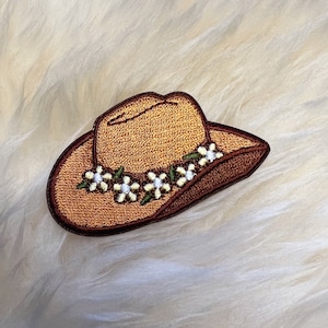 Cowgirl Hat Patch - Cute Southwest - Western Embroidery - Southern Embroidered Patches - Tan with Daisy - Cottagecore - Wildflower + Co.
