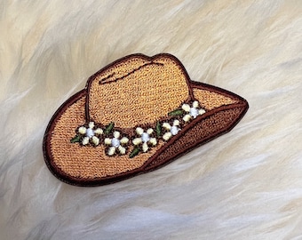 Cowgirl Hat Patch - Cute Southwest - Western Embroidery - Southern Embroidered Patches - Tan with Daisy - Cottagecore - Wildflower + Co.