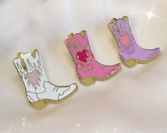 Burning Love Cowgirl Boot Pin - Pink Lilac & White - Cowboy Boot - Hard Enamel Pins - Cute Gifts - Flame Heart - Southern - Hat Pin