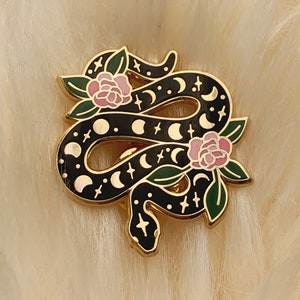 Snake Enamel Pin - Magical w. Moon Phases & Flowers - Black Gold Serpent Hard Enamel Lapel Pin - Wildflower + Co. - Valentines Day Gift