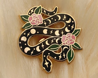 Snake Enamel Pin - Magical w. Moon Phases & Flowers - Black Gold Serpent Hard Enamel Lapel Pin - Wildflower + Co. - Valentines Day Gift