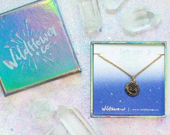 Moon Pendant Necklace - Crystal Hematite - Charm Pendant -  Wildflower + Co. Jewelry Box