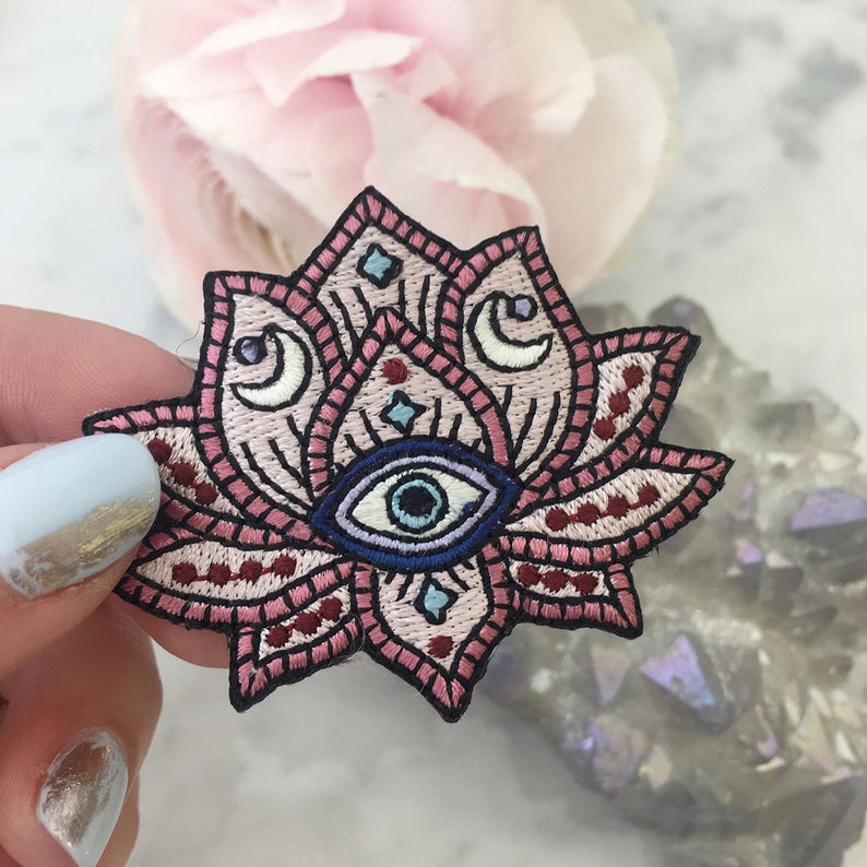 Lotus Evil Eye Patch Iron On Embroidered Patches Mystical Bohemian Festival Free Spirit Blush Pink image 3