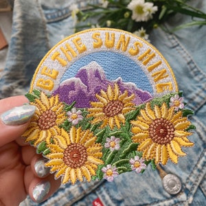 Be the Sunshine Patch Sunflower Mountain Sun Outdoors Nature Inspirational Quote Embroidered Patches VSCO Wildflower Co. image 1