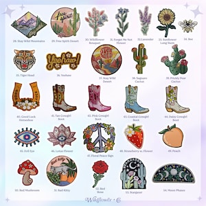 May include: Collection of embroidered patches featuring various designs, including a tiger head, cowboy boots, a red mushroom, and a floral peace sign. The patches are colorful and detailed, suitable for clothing or accessories.
