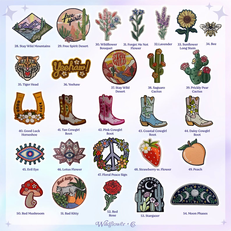 May include: Collection of embroidered patches featuring various designs, including a tiger head, cowboy boots, a red mushroom, and a floral peace sign. The patches are colorful and detailed, suitable for clothing or accessories.