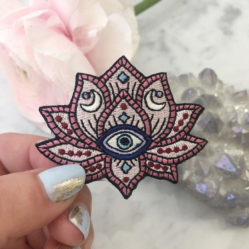 Lotus Evil Eye Patch Iron On Embroidered Patches Mystical Bohemian Festival Free Spirit Blush Pink image 1
