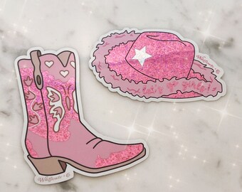 Pink Cowgirl Boot Sticker - Cowgirl Hat Sticker - Space Cowgirl - Disco Cowgirl Bachelorette Party - Cowboy Southwest - Let's Go Girls