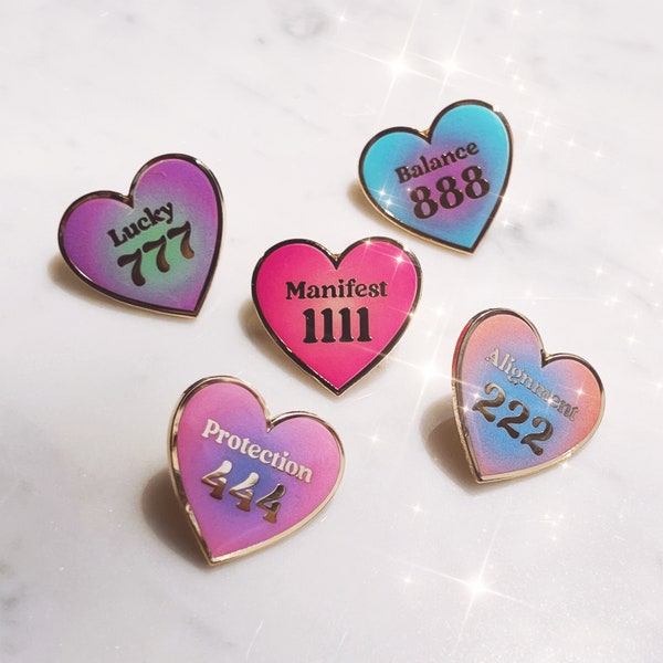 Angel Number Pin 1111 222 444 777 888 - Manifest Protection Balance Lucky Alignment Guidance - Aura Heart Enamel Pins - Wildflower + Co.