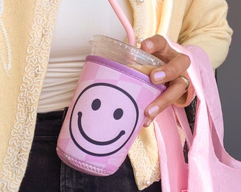 Checkered Smiley Iced Coffee Cozy - Positive - Smiley Face - Iced Coffee Sleeve - Reusable Drink Sleeve - Beverage Holder - Gifts - Coozie