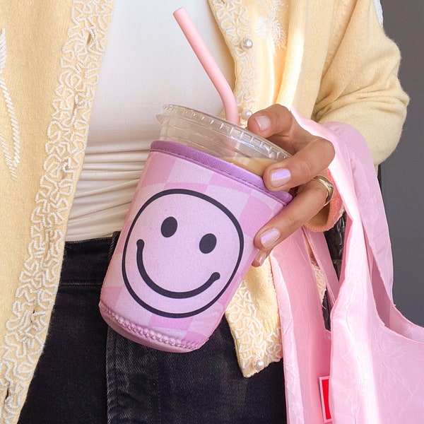 Checkered Smiley Iced Coffee Cozy - Positive - Smiley Face - Iced Coffee Sleeve - Reusable Drink Sleeve - Beverage Holder - Gifts - Coozie