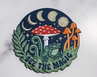 See the Magic Nature Patch - Frog, Mushroom, Moon Phases & Plants!  Iron On Embroidered Patch for Jackets + Cottagecore - Wildflower + Co.
