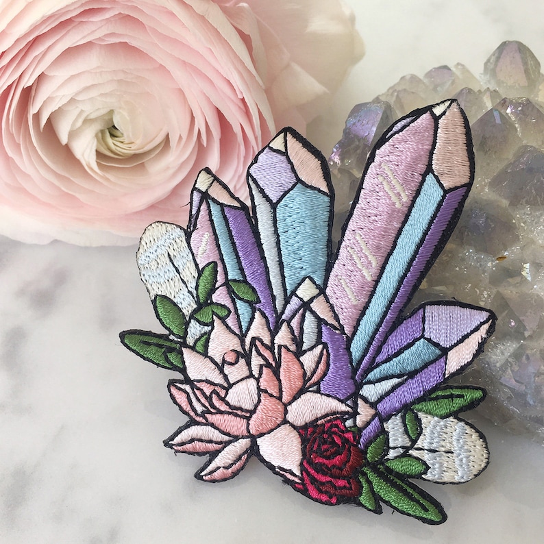 Crystal Patch - Iron On Embroidered Patch - Pastel Aura Crystals & Pink Lotus 