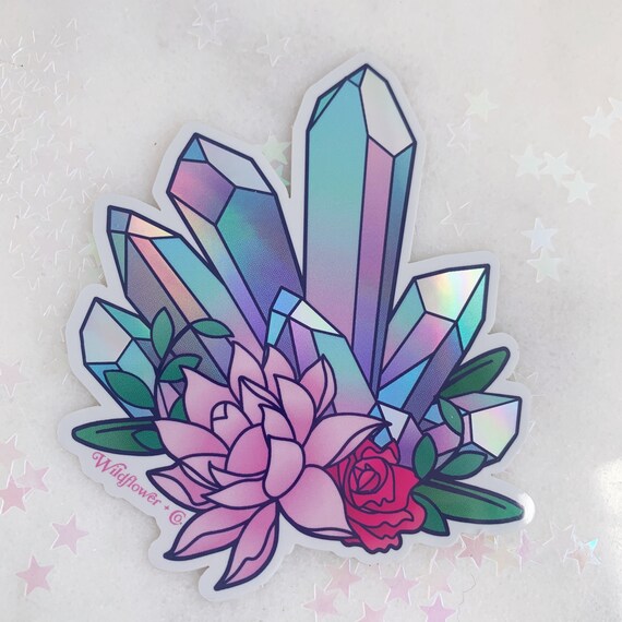 Crystal Sticker Holographic Pastel Aura Crystals & Pink Lotus