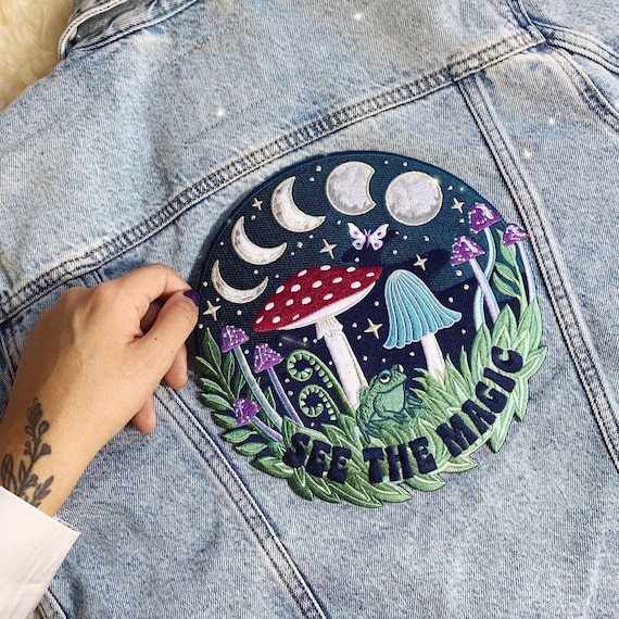 Moon Phases Large Back Patch Iron on Embroidered Patches for Jackets  Celestial Magical Midnight Navy & Metallic Wildflower Co. DIY 