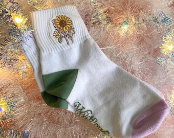 Sunflower Socks - Embroidered Socks Womens Fun Socks - Cottagecore Sunflowers Floral - Gift for Friends - Athletic Ankle Socks - Wildflower