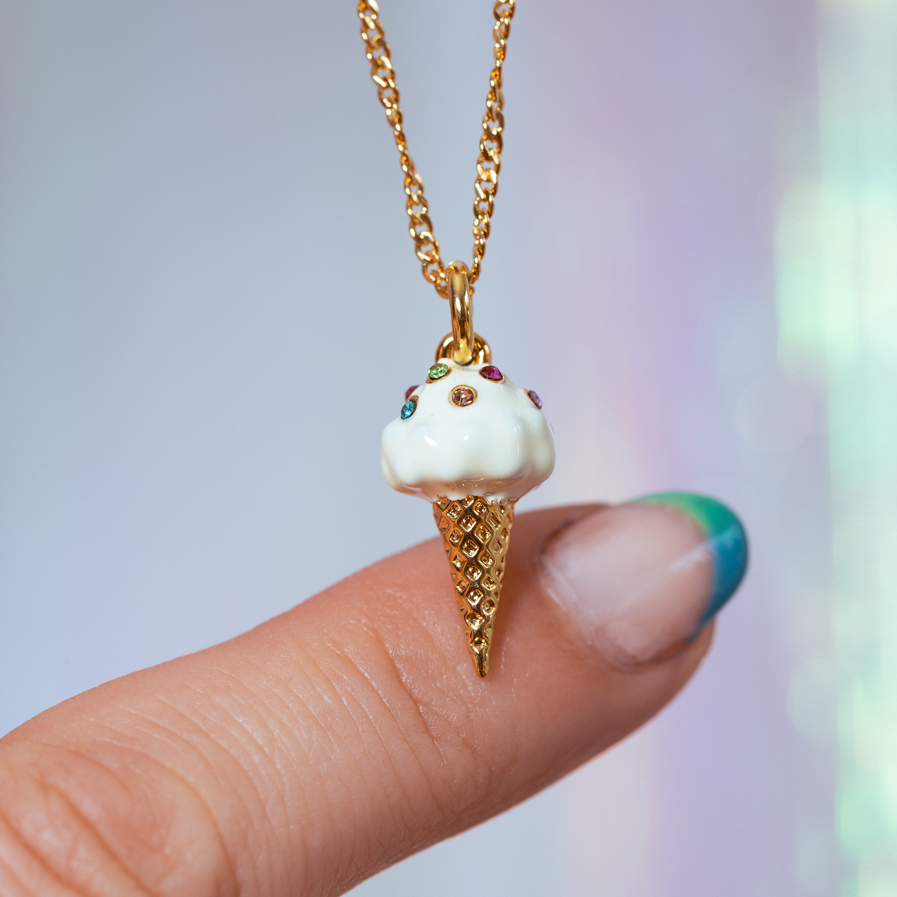 Ice Cream Cone Necklace Colorful Crystal Sprinkles Gold Etsy