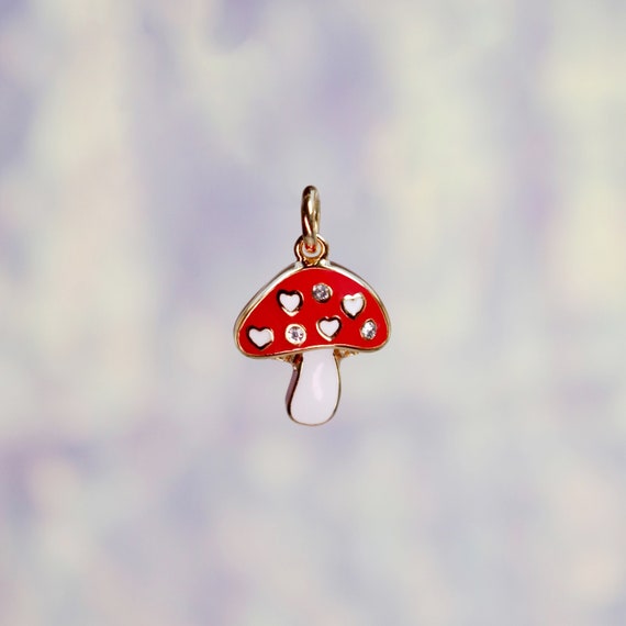 Mushroom Charm - Cottagecore Jewelry - Pendant, Red Enamel, Pave Crystal, & Gold - Tiny! Cute Friendship Gift - Wildflower + Co. Jewelry